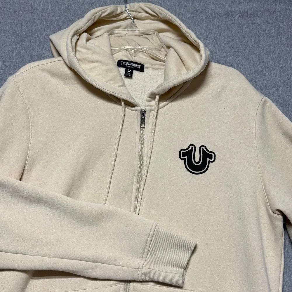 True Religion Mens Cream Full Zip Horseshoe Logo Fleece Hoodie Size Large L